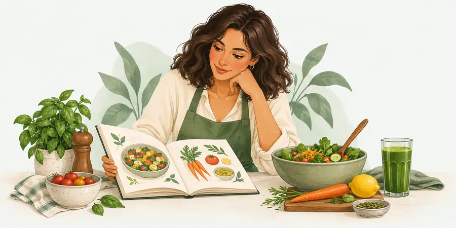 Ilustração de uma mulher consultando um livro de receitas saudáveis