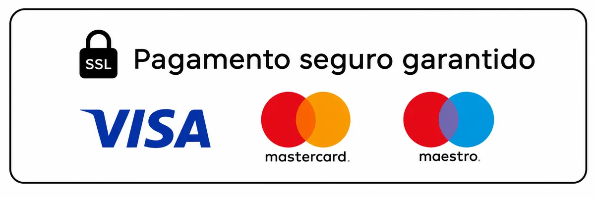 Pagamento seguro garantido — Visa, Mastercard e Maestro